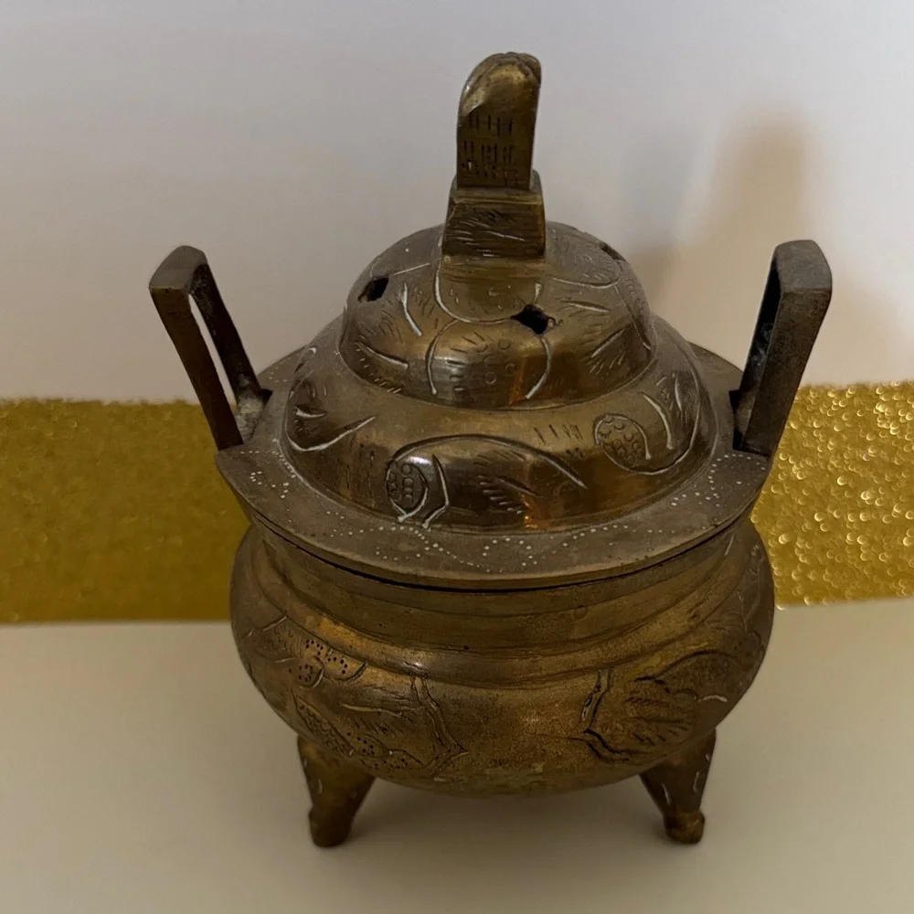 Vintage Marked Chinese Brass Footed Incense Burner Holder Tri pod pot lidded - Picture 5 of 11